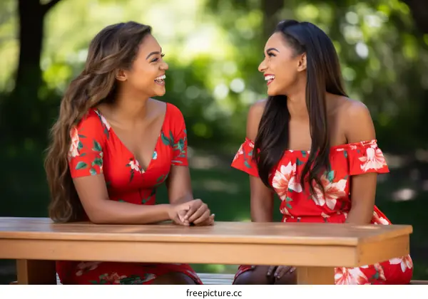 Two young women in red dresses sitting on a bench and talking