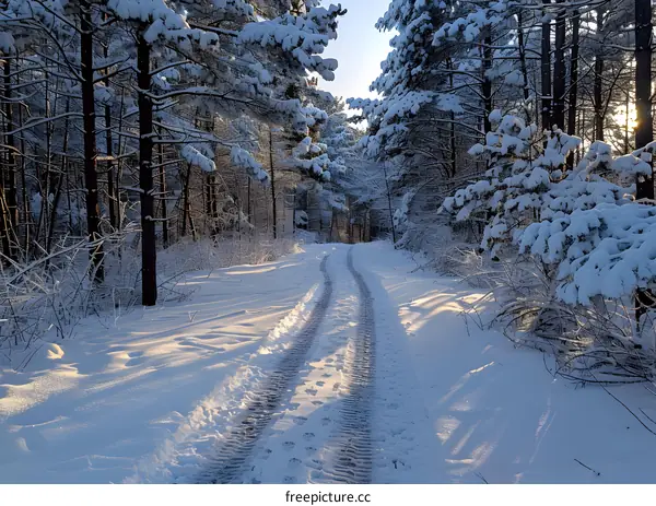 Snowy Forest Path with Tire Tracks