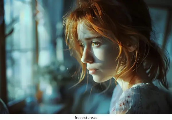 Portrait of a pensive young woman with red hair looking out the window