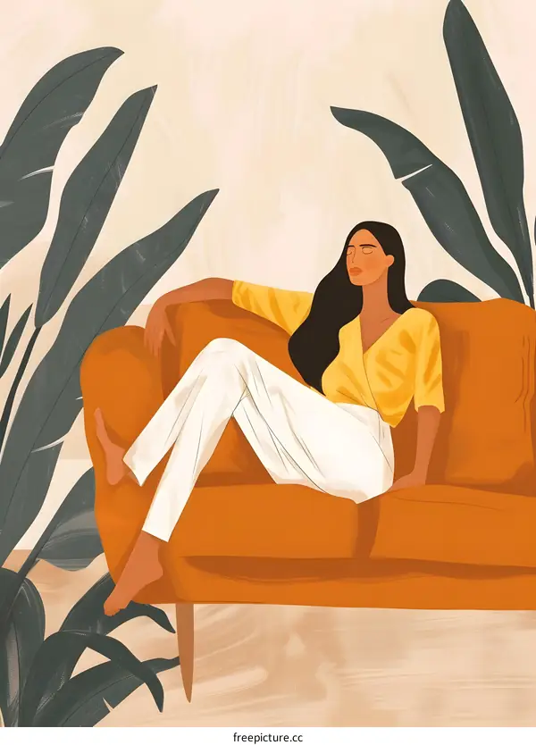 Relaxing Woman in Yellow Top on a Couch
