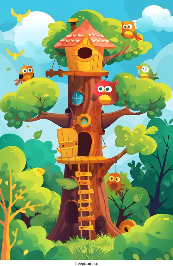 Cute Cartoon Treehouse With Birds