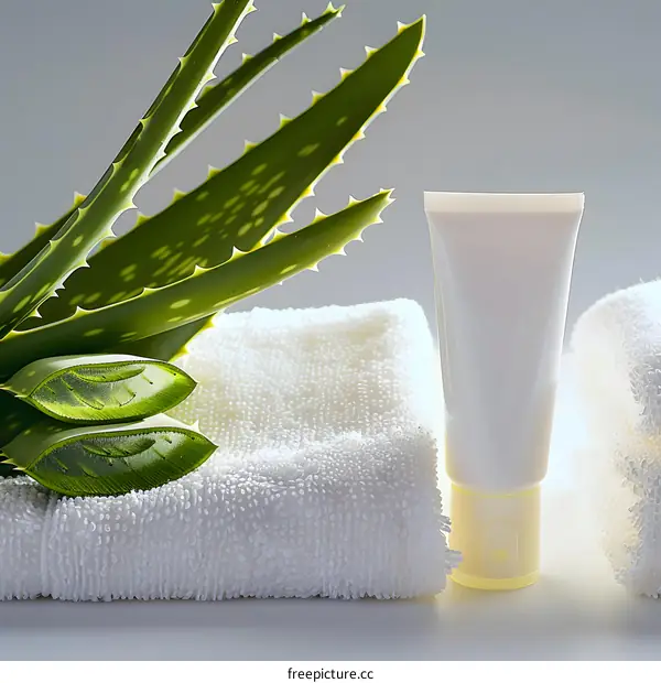 Aloe Vera Plant and Cream on White Towel