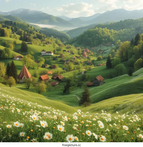 idyllic mountain valley landscape with blooming daisy flowers in the foreground