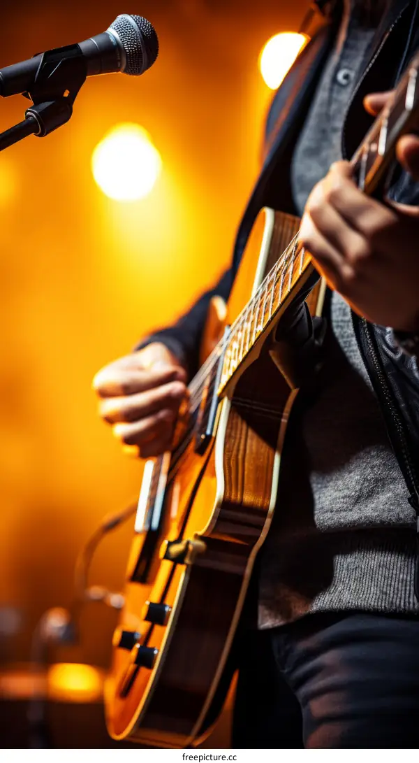 Close-up of a musician playing the guitar on stage during a live concert