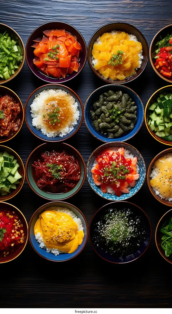 Top view of appetizing and nutritious bowls of food