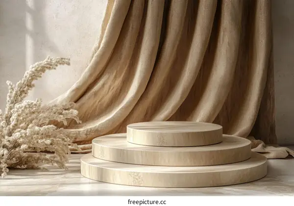Beige Wooden Display Podium with Drapery Background