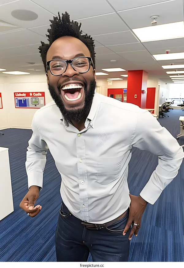 Portrait of a Smiling Black Man in a White Shirt and Jeans in an Office