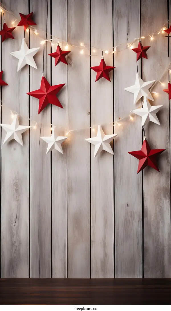 White and Red Christmas Paper Stars Hanging on a Wooden Wall with Fairy Lights