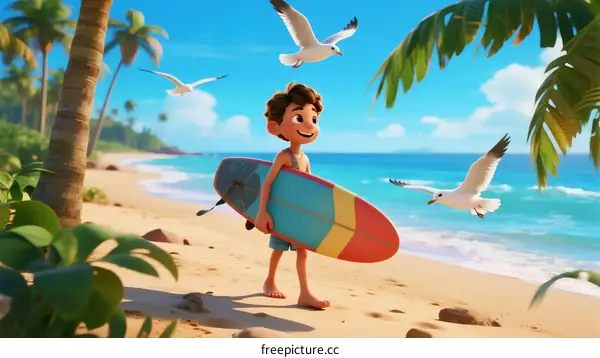 Young Boy with Surfboard Standing on Sunny Beach