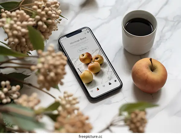 Smartphone with Photo of Apples on a Marble Surface