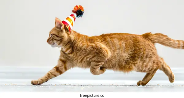 A ginger cat wearing a party hat is running