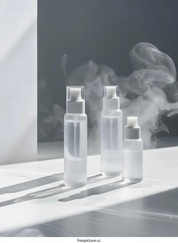 Three cosmetic bottles with a white background and white smoke around them