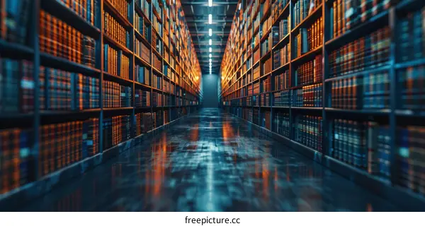 Futuristic Library Interior with Bookshelves and Shiny Floor