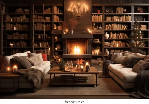 Cozy Living Room Interior with Fireplace and Bookshelf