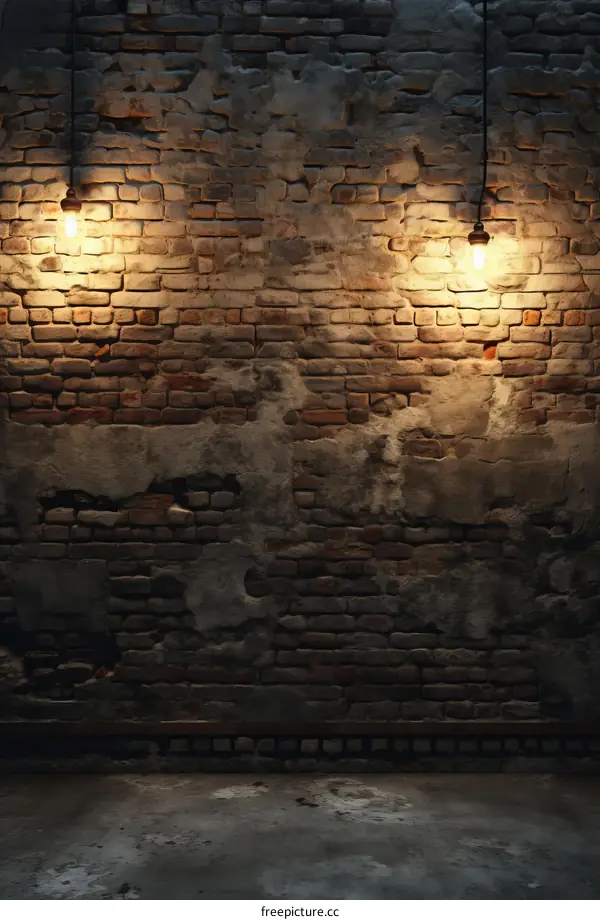 Grunge urban brick wall background with two hanging light bulbs