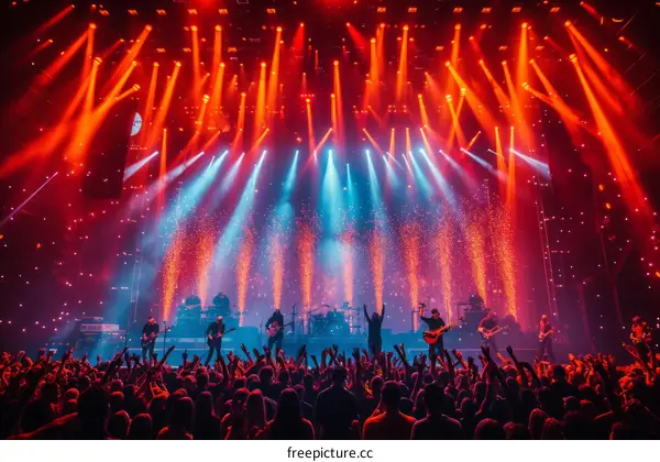 Rock concert with pyrotechnic special effects and crowd of people