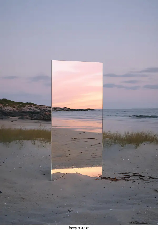Glass Mirror Reflecting Sunset on Beach