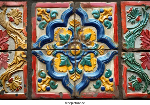 Four colorful ceramic tiles with floral and leaf motifs
