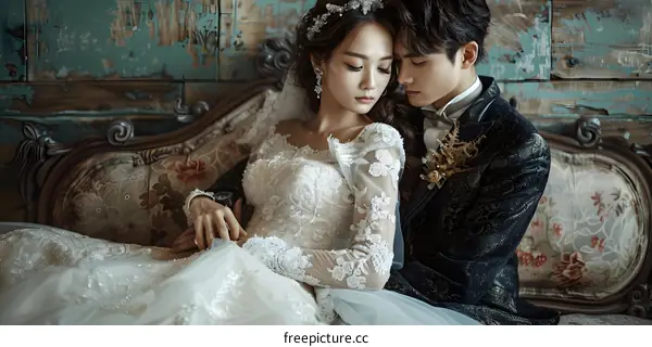 A Korean couple is taking wedding photos