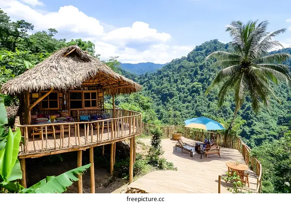 Tropical Jungle Hut with Wooden Deck and Stunning View