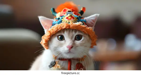 A cute cat wearing a traditional Chinese lion dance hat