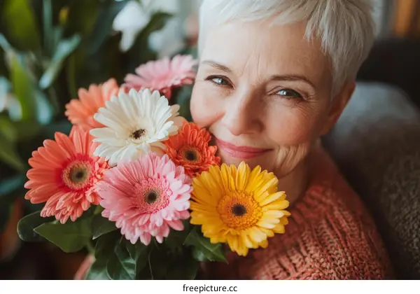 Senior Woman with a Bouquet of Flowers