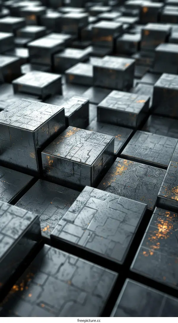 Abstract 3D rendering of a metallic surface with glowing elements