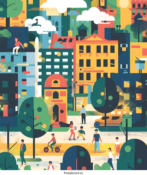 Urban Life Illustration with People and Buildings