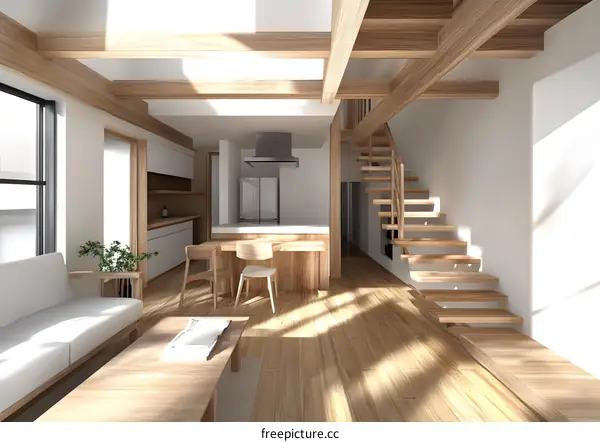 Modern Minimalist Living Room Design With Wooden Beams and Staircase