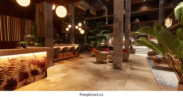 Luxury Hotel Lobby Interior Design With Tropical Plants