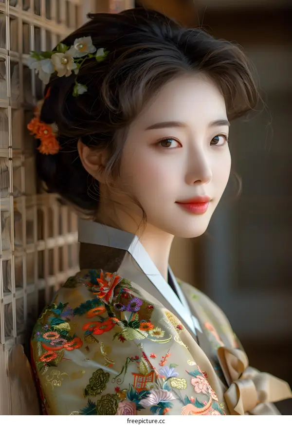 Portrait of a beautiful young Korean woman in traditional Hanbok dress