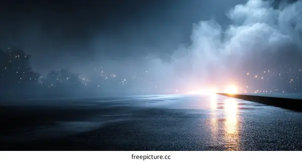 Misty Night Road with City Lights