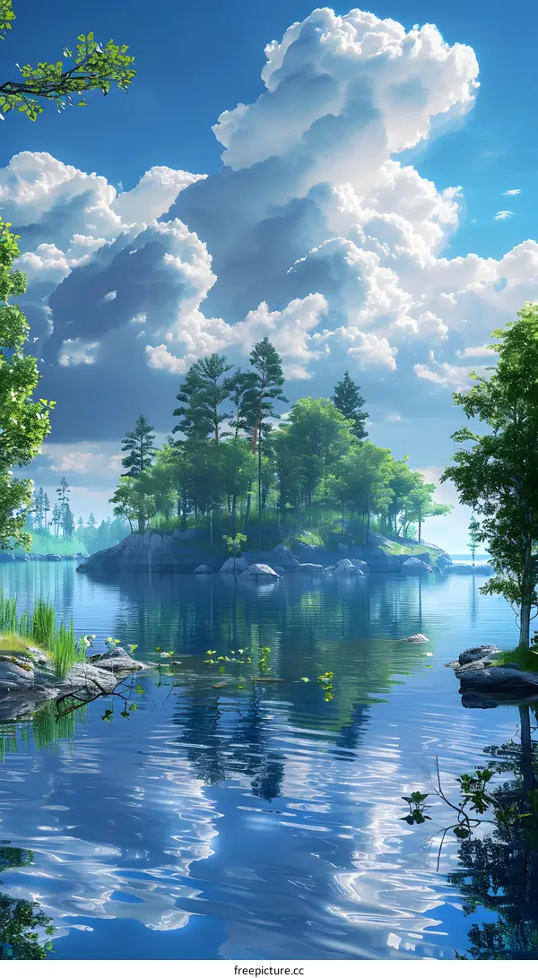 Beautiful lake and mountains under the blue sky and white clouds