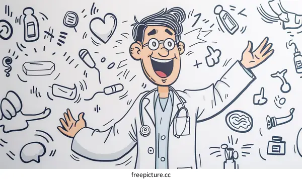 Funny illustration of a doctor with medical symbols
