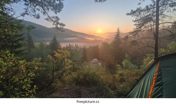 Camping in the mountains with a view of the sunrise
