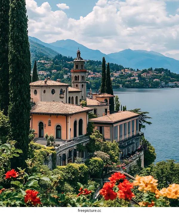 Italian Villa on the Lake with Lush Greenery and Mountain Views