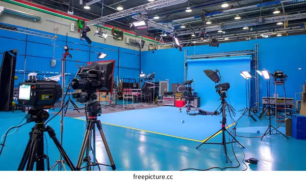 Professional Studio Setup with Blue Screen and Camera Equipment