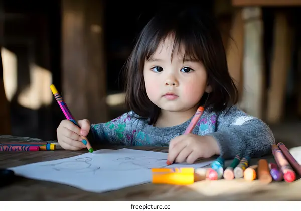 Young Asian Girl Drawing with Crayons