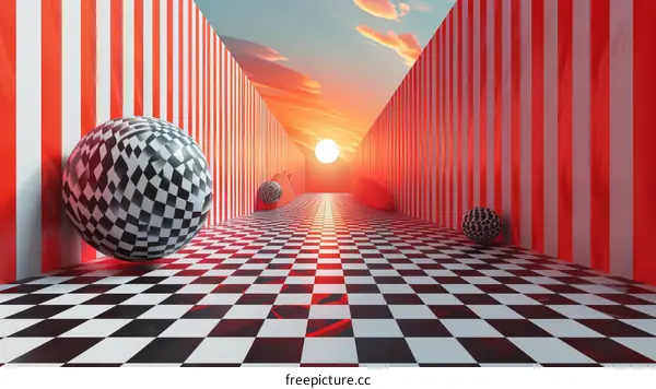 Surreal Checkered Sphere in a Striped Hallway