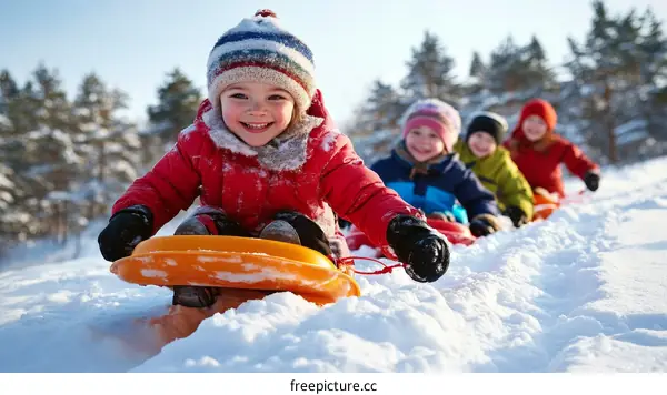 Children Winter Fun on a Snowy Day