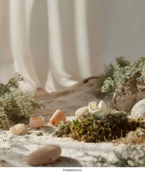 White Ceramic Flower on Sand with Green Moss