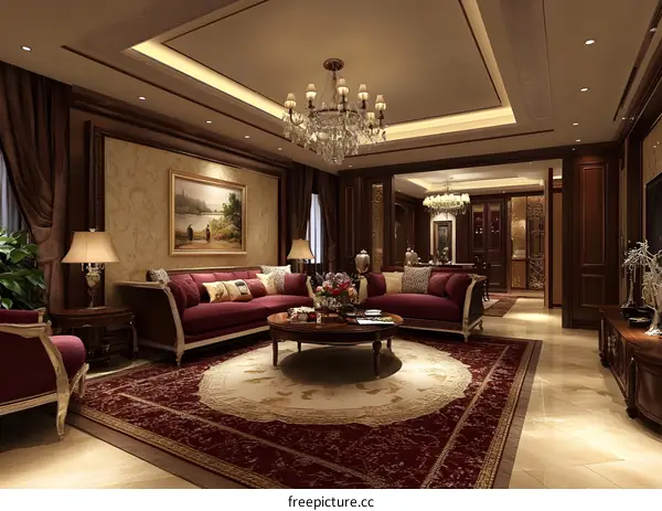 Luxury Living Room Interior Design With Chandelier and Red Sofa