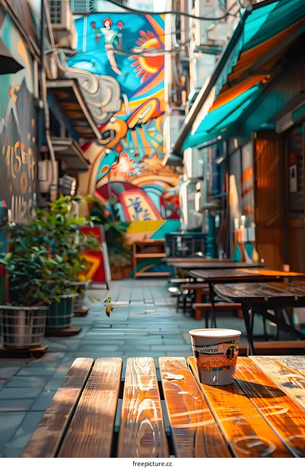Colorful Street Art and Wooden Tables in an Alleyway