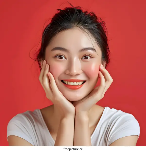 Smiling Asian Woman with Red Background