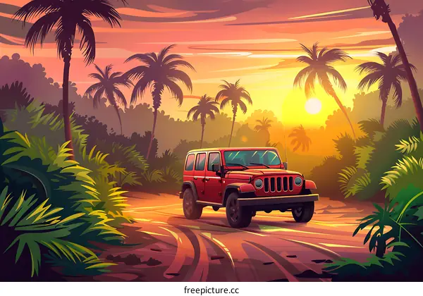 Red Jeep Driving Through Tropical Jungle at Sunset