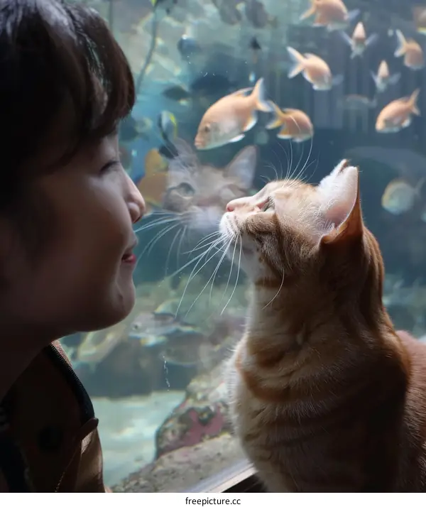 A ginger cat and a girl are looking at each other through a glass window.