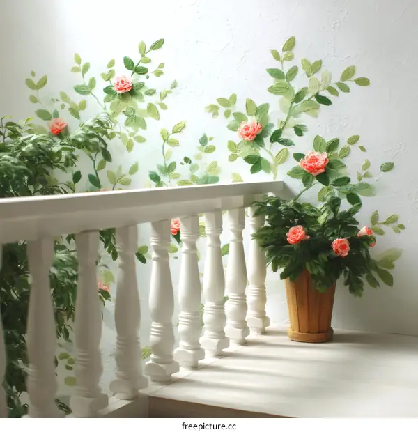 Floral Decorated Balcony Staircase Illustration