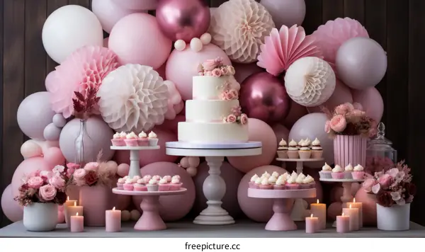 Lavish Pink and White Birthday Party Decor with Cake and Cupcakes