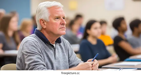 Senior Man Listening to Lecture in Classroom