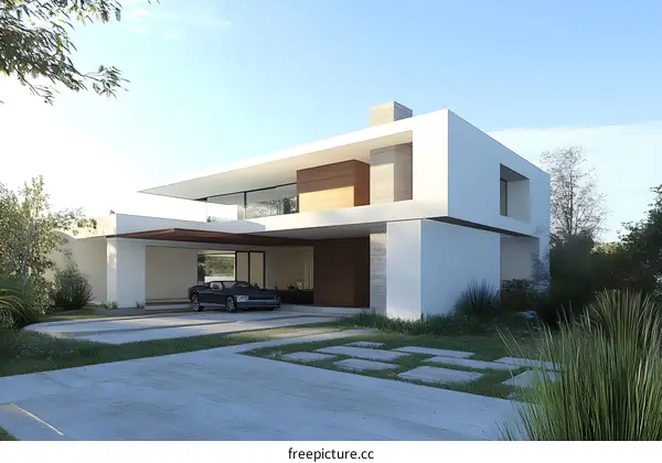 Modern Minimalist House with a Car in the Driveway